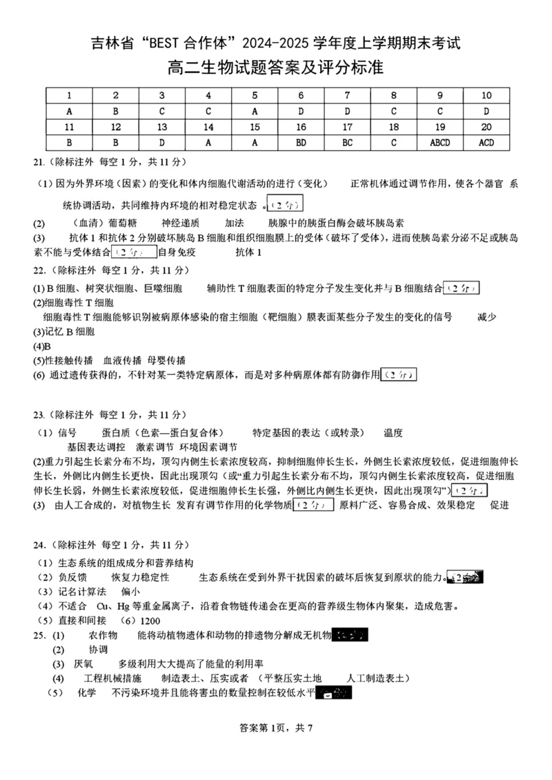 吉林省&ldquo;BEST合作体&rdquo;2024-2025学年高二上学期期末考试生物答案（图片版）_2024-2025高二（7-7月题库）_2025年01月试卷_0115吉林省&ldquo;BEST合作体&rdquo;2024-2025学年高二上学期期末考试