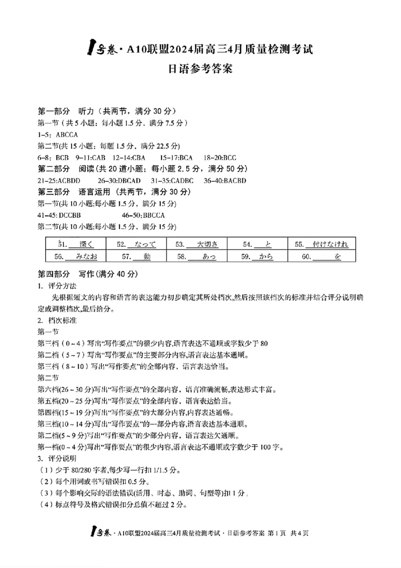 日语答案_2024年4月_01按日期_15号_2024届安徽省1号卷A10联盟高三4月质量检测_2024届安徽省1号卷A10联盟高三4月质量检测-日语