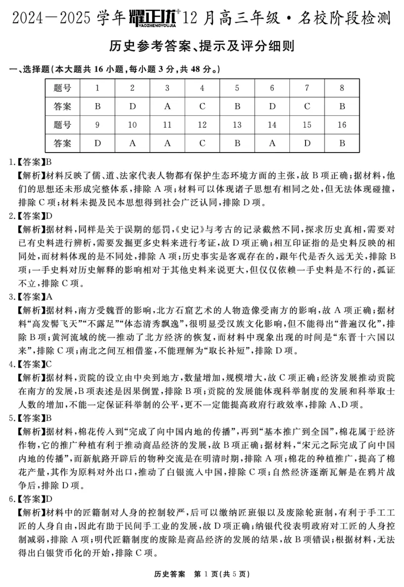 2024-2025学年耀正优12月高三年级&middot;名校阶段检测历史答案_2024-2025高三（6-6月题库）_2024年12月试卷_1222安徽省2024-2025学年耀正优12月高三年级&middot;名校阶段检测（全科）