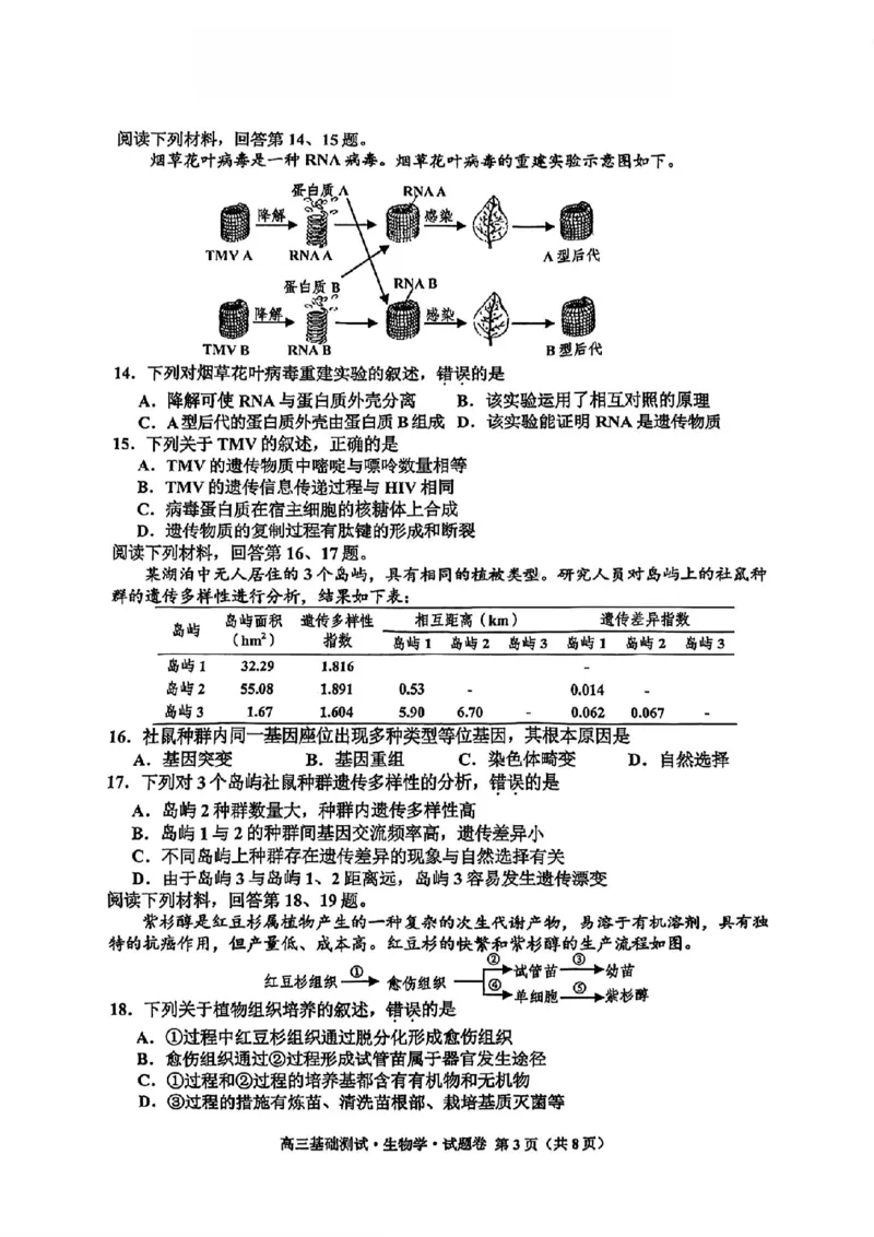 2025届浙江省嘉兴市高三9月基础测试月-生物试卷+答案_2024-2025高三（6-6月题库）_2024年09月试卷_09212025届浙江省嘉兴市高三9月基础测试月（word）