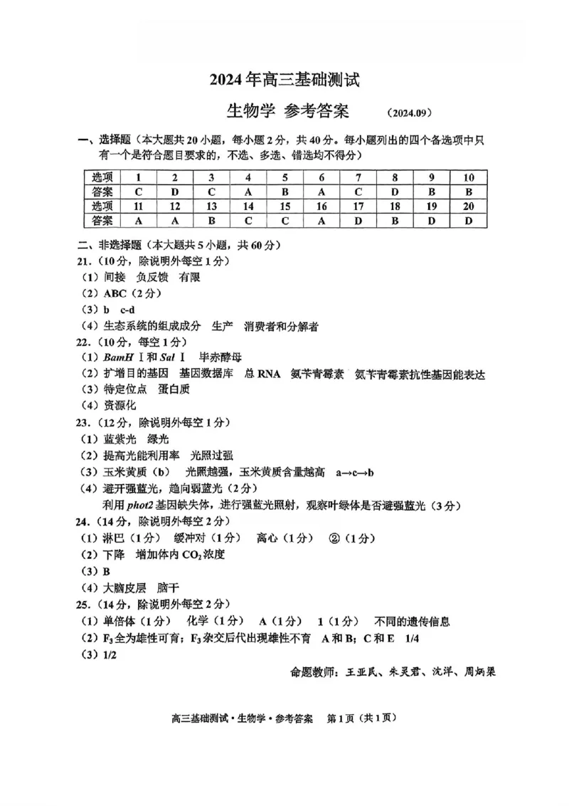 2025届浙江省嘉兴市高三9月基础测试月-生物试卷+答案_2024-2025高三（6-6月题库）_2024年09月试卷_09212025届浙江省嘉兴市高三9月基础测试月（word）
