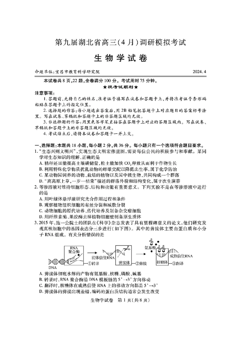 湖北省第九届2024届高三下学期4月调研模拟考试生物试题(1)_2024年4月_024月合集_2024届湖北省第九届高三下学期4月调研模拟考试