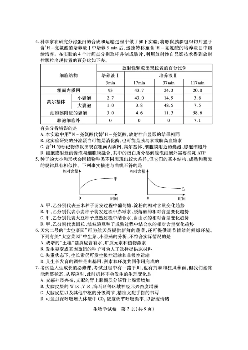 湖北省第九届2024届高三下学期4月调研模拟考试生物试题(1)_2024年4月_024月合集_2024届湖北省第九届高三下学期4月调研模拟考试