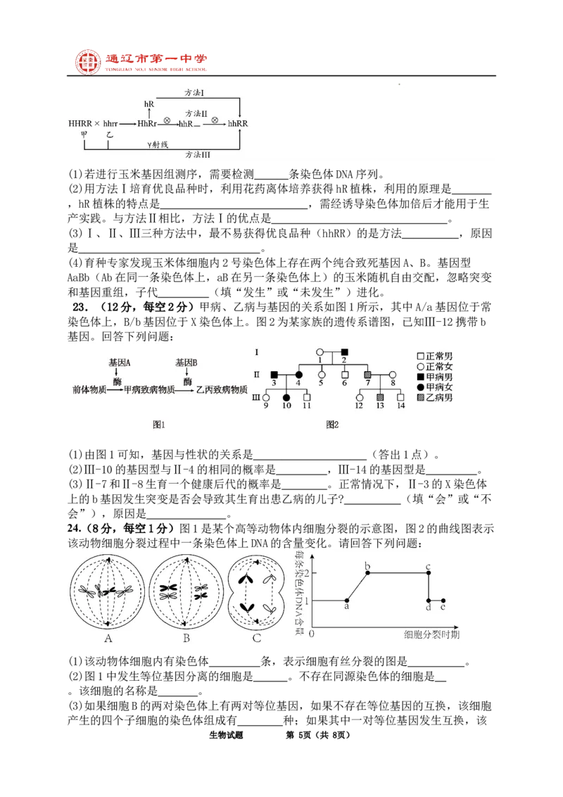 内蒙古自治区通辽市科尔沁区通辽市第一中学2024-2025学年高二上学期开学检测生物试题_2024-2025高二（7-7月题库）_2024年09月试卷