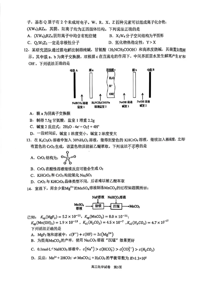 2025届浙江省G12名校协作体高三返校考化学+答案_2024-2025高三（6-6月题库）_2024年09月试卷_09052025届浙江省G12名校协作体高三上学期返校考