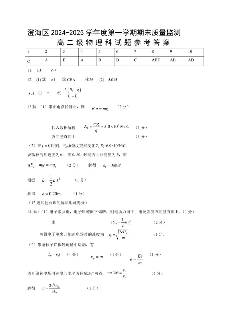 2024-2025（上）期末质量监测高二物理参考答案_2024-2025高二（7-7月题库）_2025年02月试卷_0205广东省汕头市澄海区2024-2025学年高二上学期1月期末考试