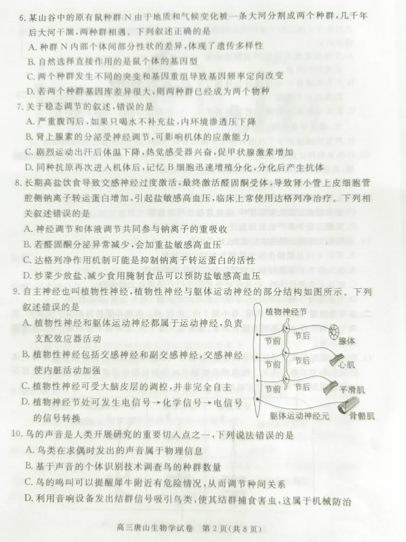 2025年河北省唐山市普通高等学校招生统一考试第二次模拟演练生物试题_2024-2026高三（6-6月题库）_2025年04月试卷_04262025届河北省唐山市高三二模（全科）