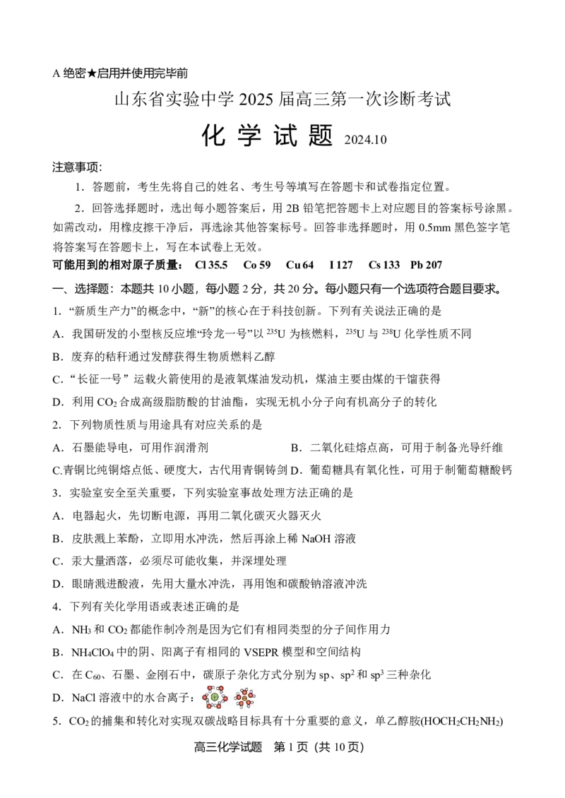 2024年10月高三实验一诊化学试题_2024-2025高三（6-6月题库）_2024年10月试卷_1018山东省实验中学2024&mdash;2025学年高三上学期第一次诊断
