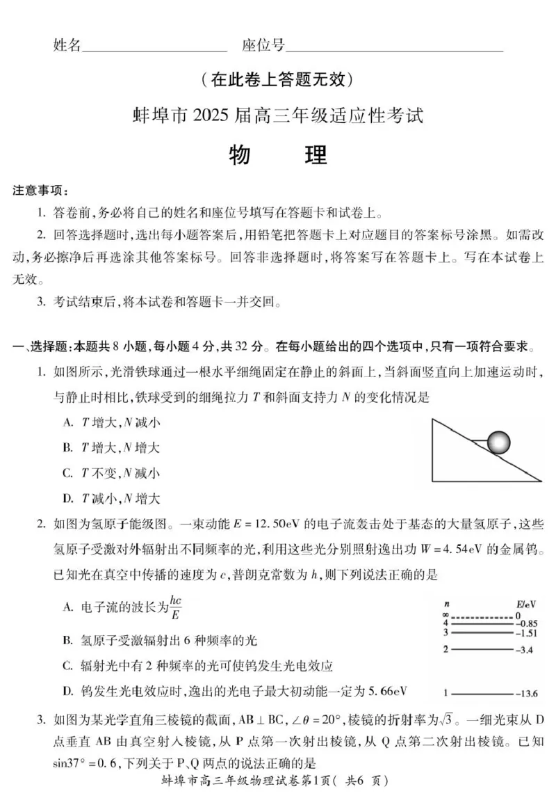 2025届安徽省蚌埠市高三下学期适应性考试物理试卷（PDF版，无答案）_2024-2025高三（6-6月题库）_2025年05月试卷_0501安徽省蚌埠市2025届高三4月适应性考试（全科）