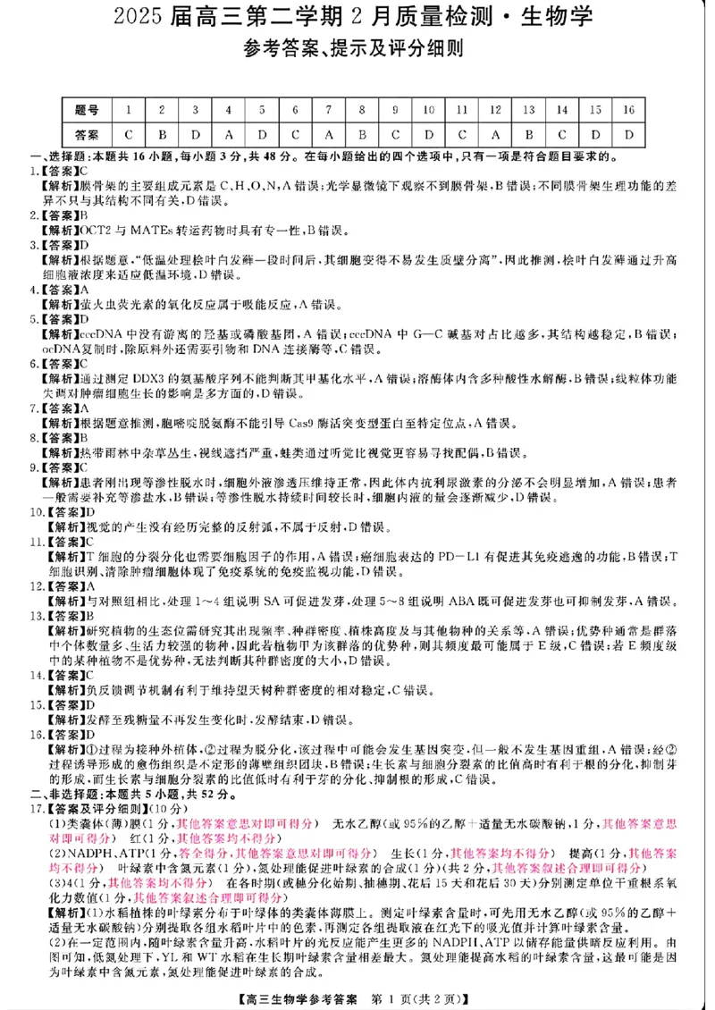2025届金科大联考高三下学期2月质检生物+答案_2024-2025高三（6-6月题库）_2025年02月试卷_02172025届金科大联考高三下学期2月质量检测（全科）