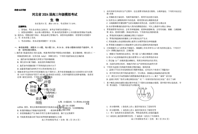 河北卷河北省2024届高三年级模拟考试暨河北省邯郸市部分示范性高中高三第三次模拟考试(河北及邯郸三模)(5.15-5.17)生物试题_2024年5月_01按日期_23号