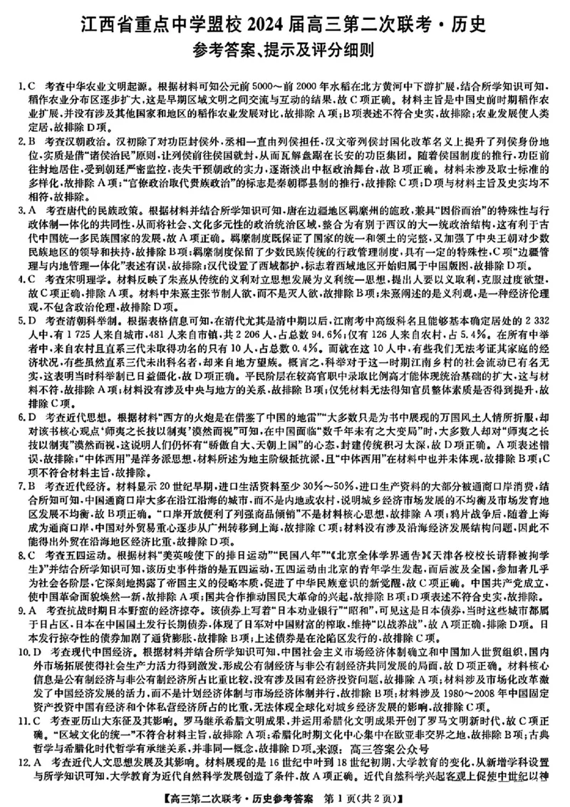 江西重点中学盟校二模历史参考答案提示及评分细则_2024年5月_01按日期_6号_2024届江西省重点中学盟校高三下学期二模_2024届江西省重点中学盟校高三下学期第二次联考历史