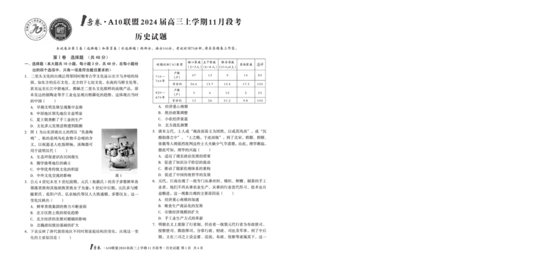1号卷&middot;A10联盟2024届高三上学期11月段考历史_副本(1)_2023年11月_0211月合集_2024届安徽省A10联盟高三上学期11月段考_安徽省A10联盟2024届高三上学期11月段考历史