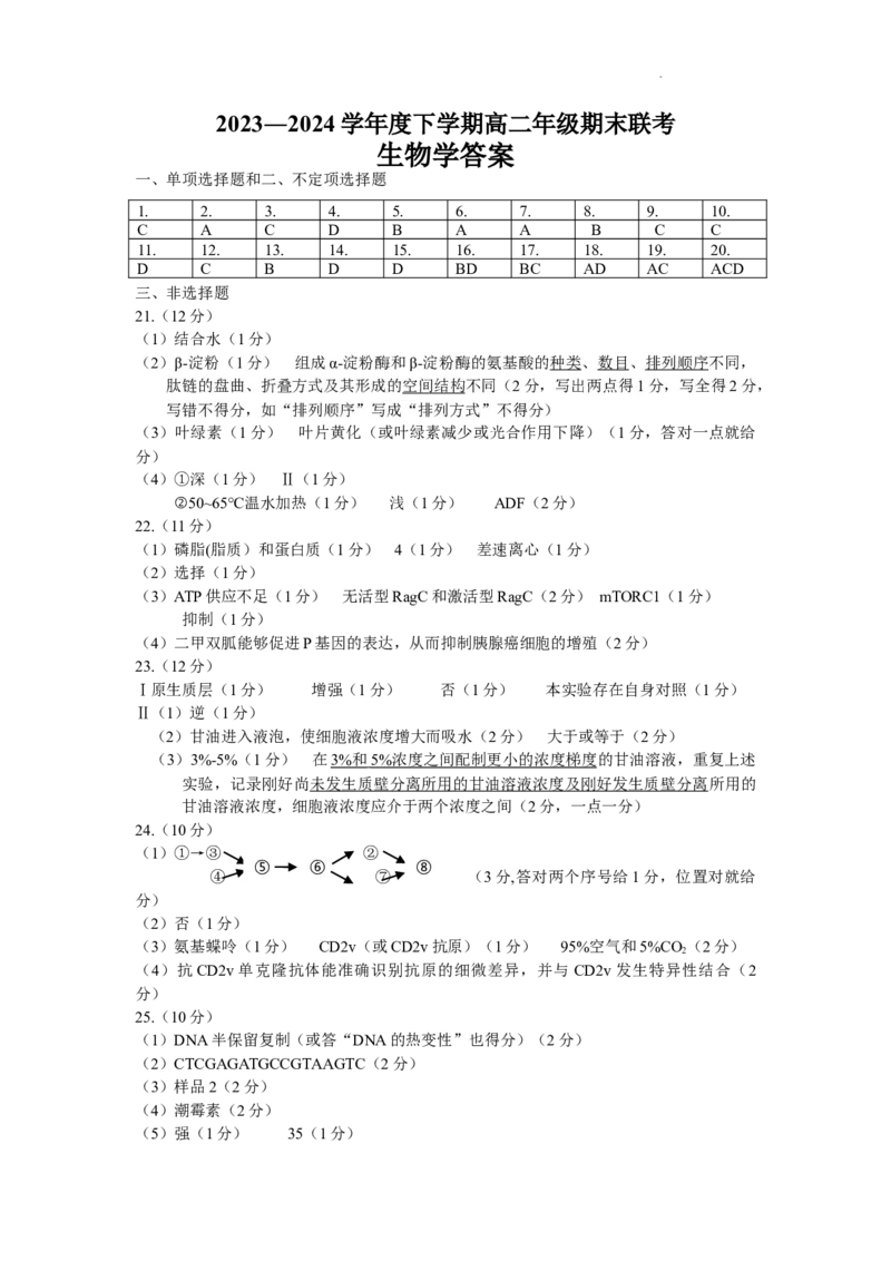 参考答案生物学高二2023―2024学年度下学期高二年级期末联考_2024-2025高二（7-7月题库）_2024年07月试卷_0723辽宁省点石联考2023-2024学年高二下学期7月期末联考