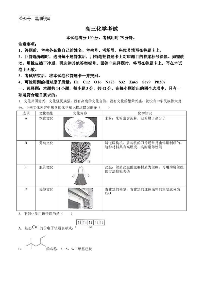 2025届高三金太阳百万9月开学联考化学试题（含解析）_2024-2025高三（6-6月题库）_2024年09月试卷_09072025届金太阳百万（甘肃、青海、宁夏）高三9月开学大联考（1002C）