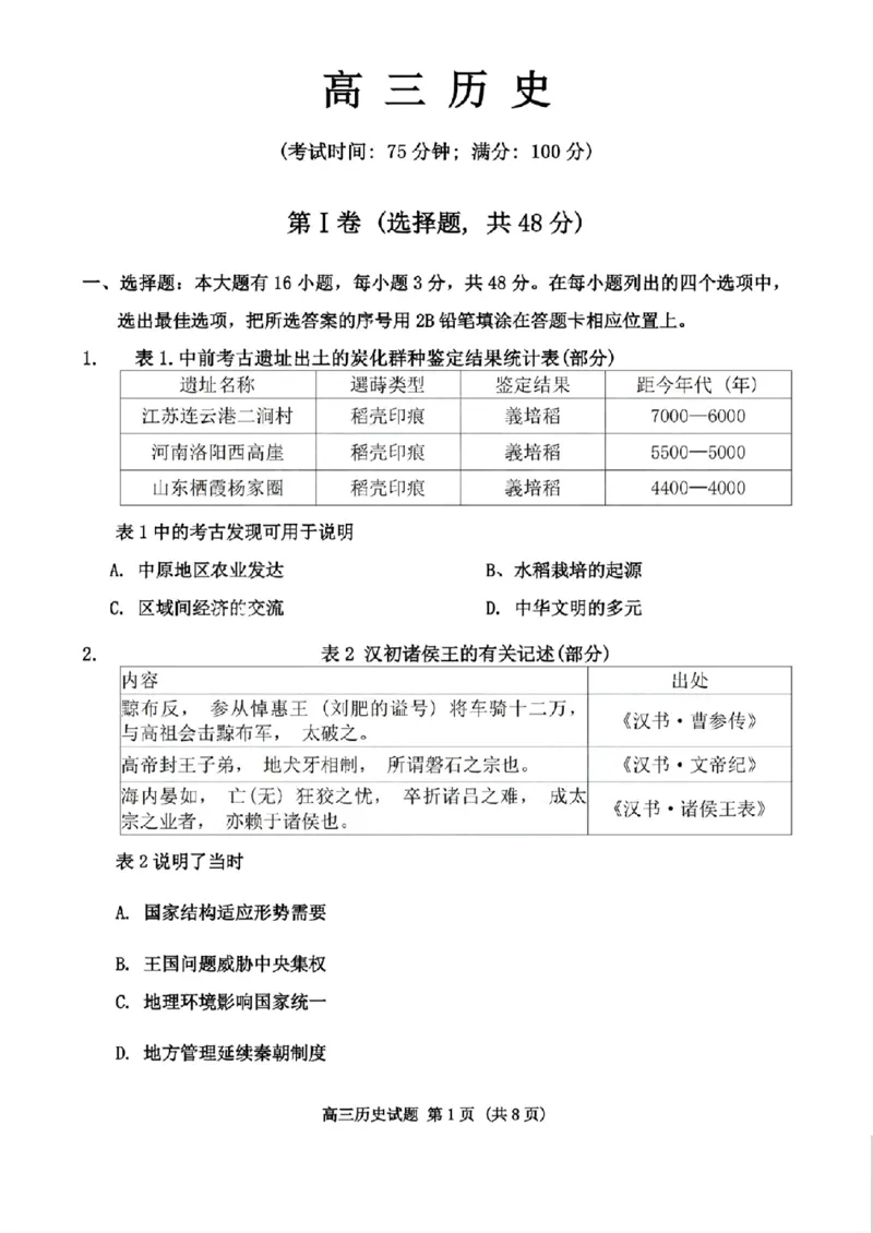 2025届福建省泉州市高三上学期8月高中毕业班质量监测（一）历史+答案_2024-2025高三（6-6月题库）_2024年08月试卷_0831福建省泉州市2025届高中毕业班质量监测（一）