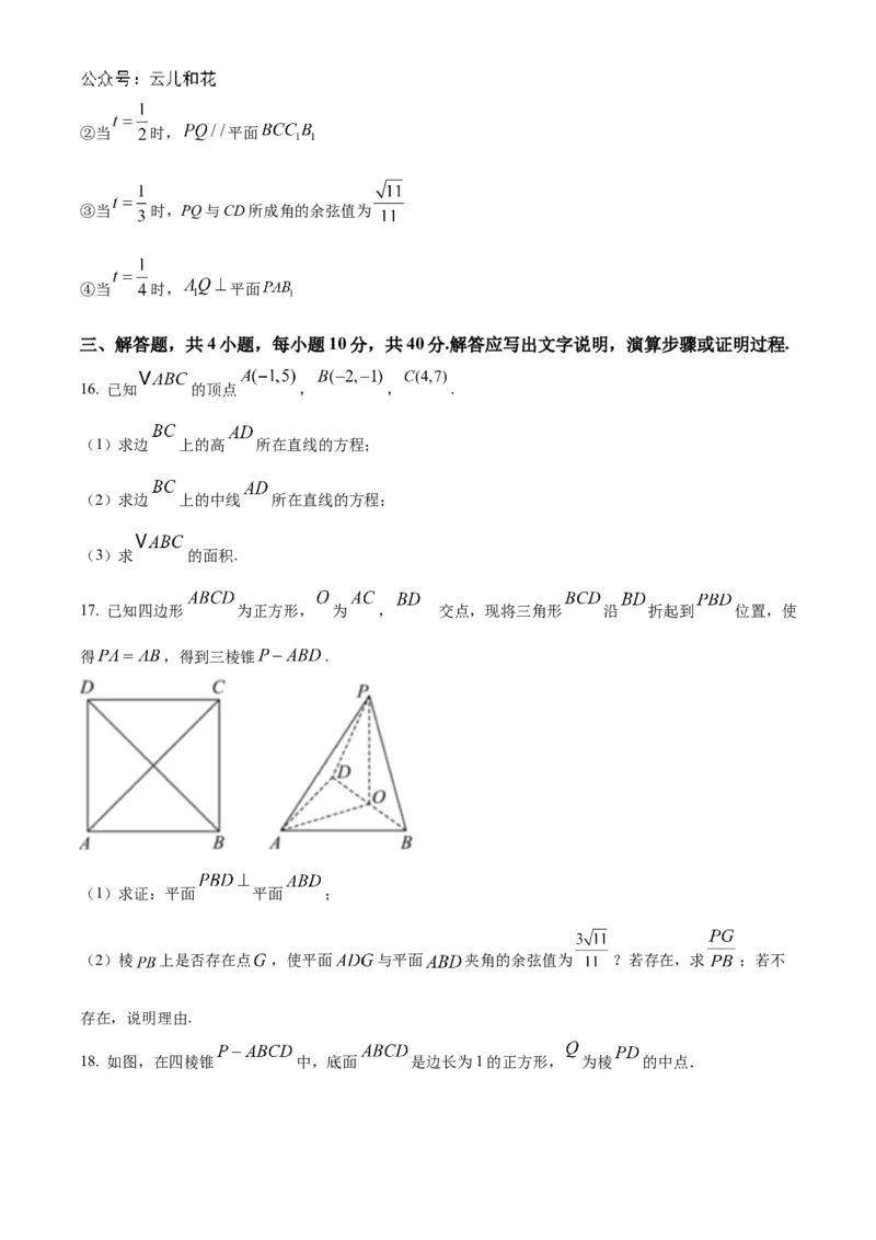 北京市北京理工大学附属中学2024-2025学年高二上学期11月期中练习数学试题Word版无答案_2024-2025高二（7-7月题库）_2024年11月试卷