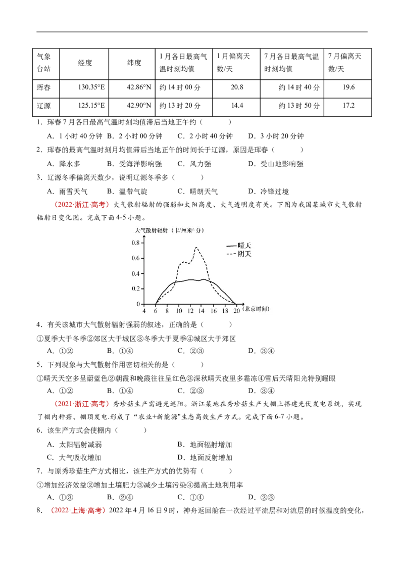 专题03地球上的大气及其运动-五年（2019-2023）高考地理真题分项汇编（原卷版）_赠送：2008-2024全套高考真题_高考地理真题_送高考地理五年真题(2019-2023)分项汇编（全国通用）