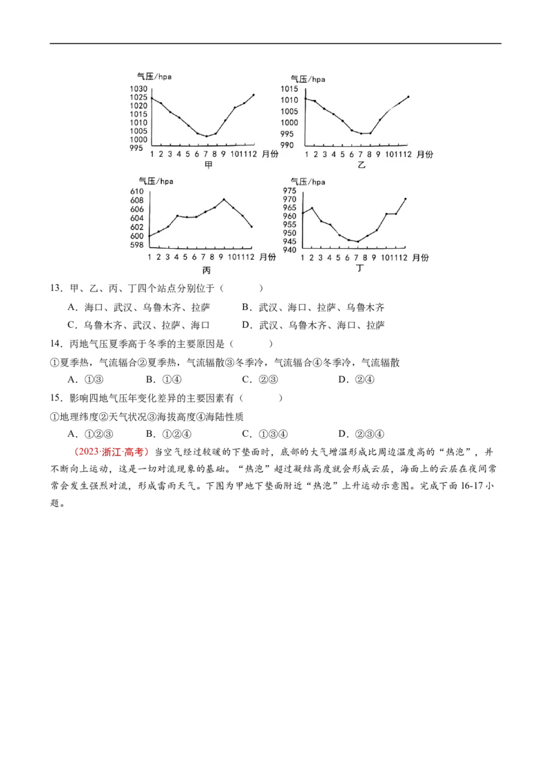 专题03地球上的大气及其运动-五年（2019-2023）高考地理真题分项汇编（原卷版）_赠送：2008-2024全套高考真题_高考地理真题_送高考地理五年真题(2019-2023)分项汇编（全国通用）