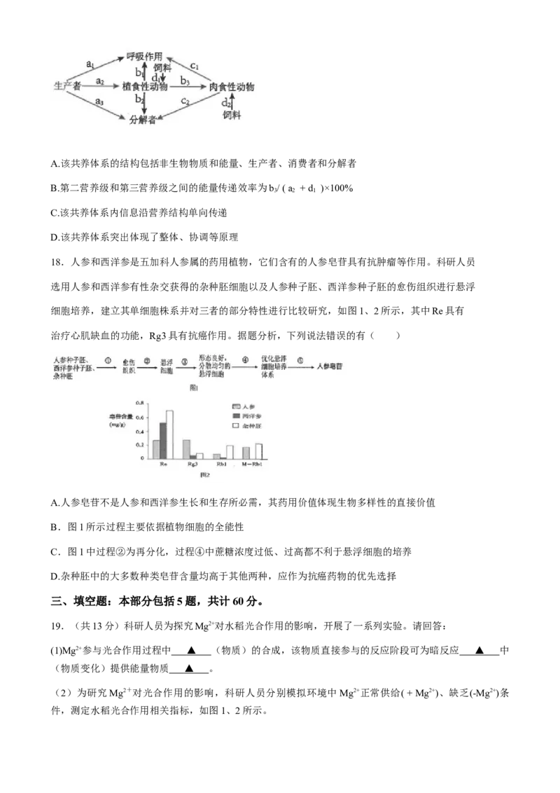 江苏省南通市海安高级中学2023&mdash;2024学年高三下学期第二次模拟考试生物试题(1)_2024年4月_024月合集_2024届江苏南通海安高级中学高三下第二次模拟考试