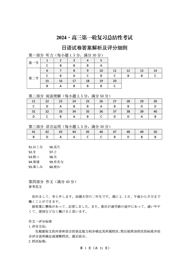 日语答案及听力原文_2024年3月_013月合集_2024届湖南省高三下学期一轮复习总结性考试_2024届湖南省高三下学期一轮复习总结性考试日语试题