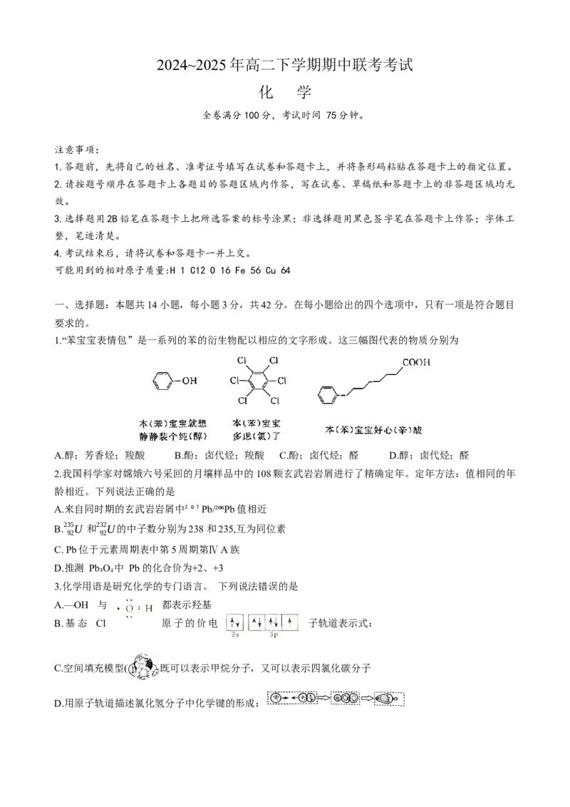2024-2025年高二下学期期中联考化学_2024-2025高二（7-7月题库）_2025年05月试卷_0530河北省衡水市2024-2025学年高二下学期4月期中联考试题