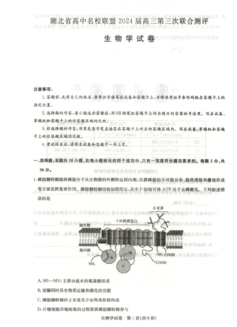 湖北省高中名校联盟2024届高三第三次联考综合测评生物_2024年2月_01每日更新_04号_2024届湖北省圆创高中名校联盟高三第三次联考综合测评