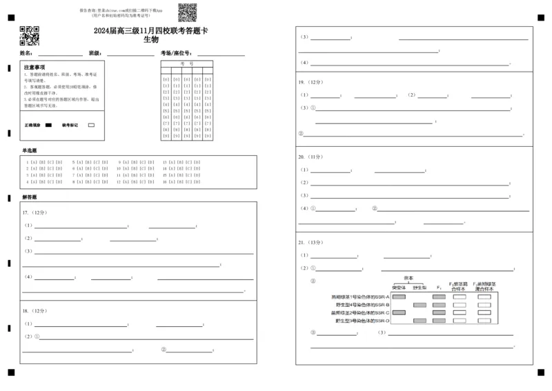 2024届高三级11月四校联考答题卡生物（11.3）(1)_2023年11月_0211月合集_2024届广东省汕头市金山中学、广州六中、佛山一中、中山一中2024届高三上学期四校期中联考