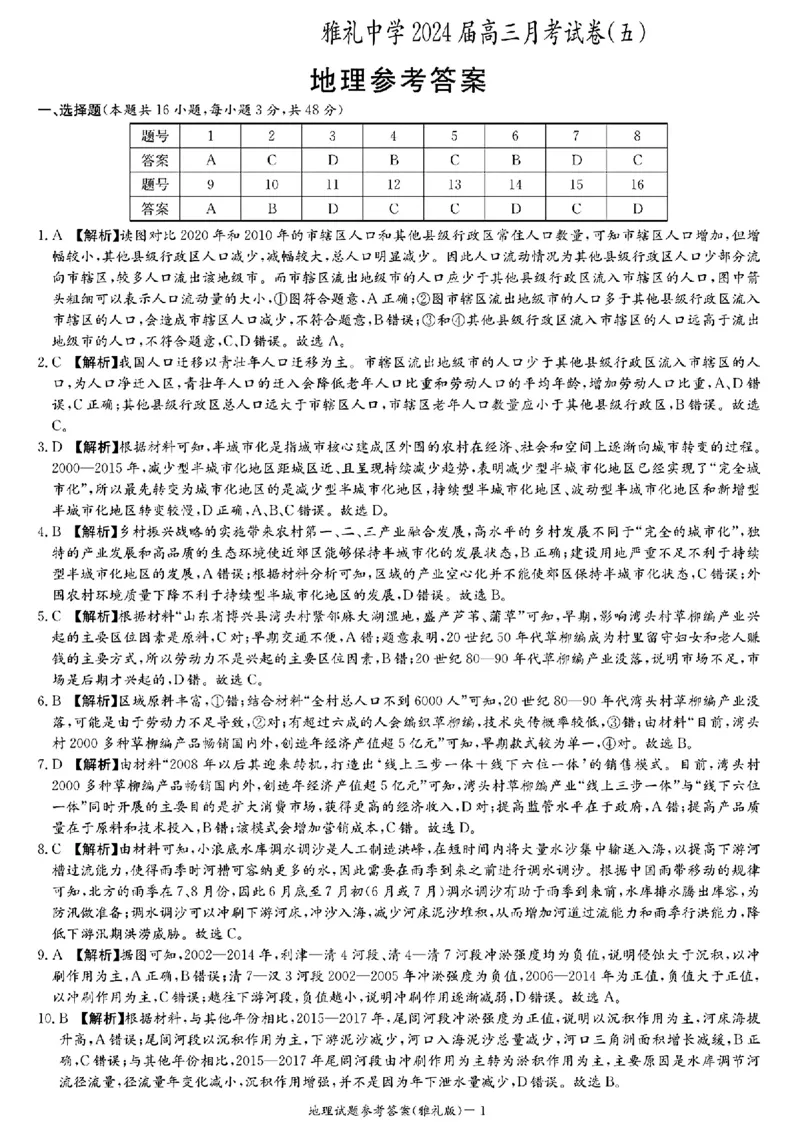 湖南省长沙市雅礼中学2024届高三上学期月考（五）地理(1)_2024年2月_022月合集_2024届湖南省长沙市雅礼中学高三上学期月考（五）