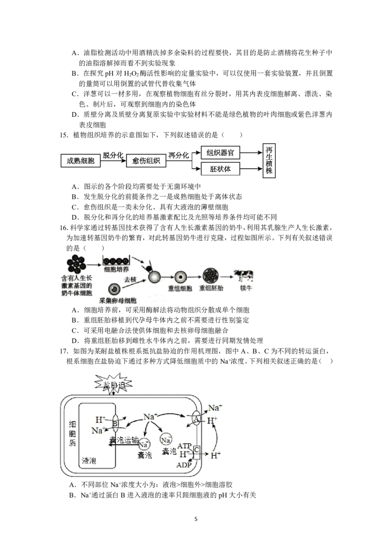 26届高二生物第二学期期中卷_2024-2025高二（7-7月题库）_2025年05月试卷_0501浙江省余姚中学2024-2025学年高二下学期期中考试
