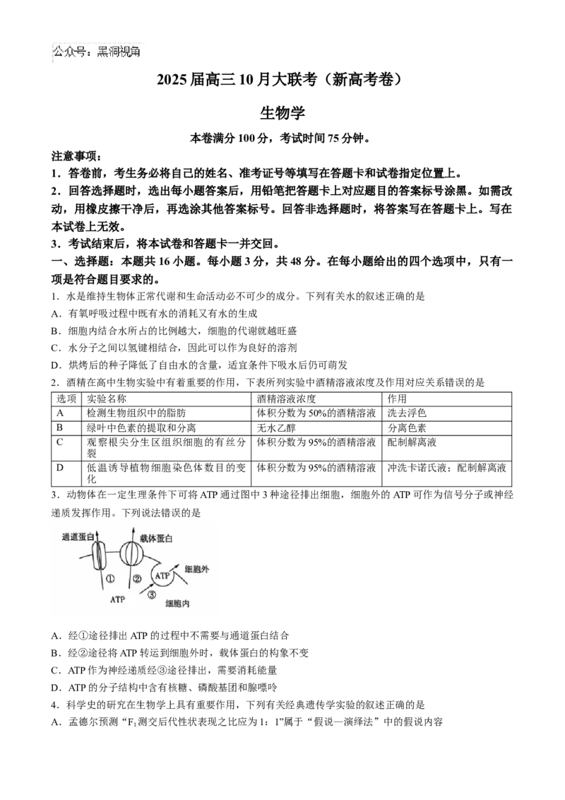 2025届高三10月大联考（新高考卷）生物试题(无答案)_2024-2025高三（6-6月题库）_2024年10月试卷_1018XKW2025届高三10月大联考（新高考卷）