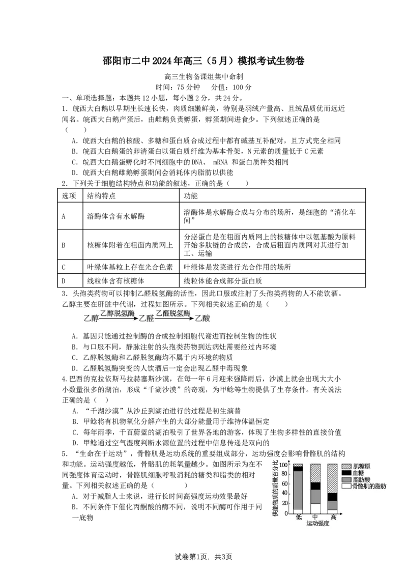 湖南卷湖南省2024届湖南省邵阳市大祥区邵阳市二中2024年高三（5月）模拟考试(三模)生物试卷_2024年5月_01按日期_25号_2024届湖南省邵阳市二中高三5月三模