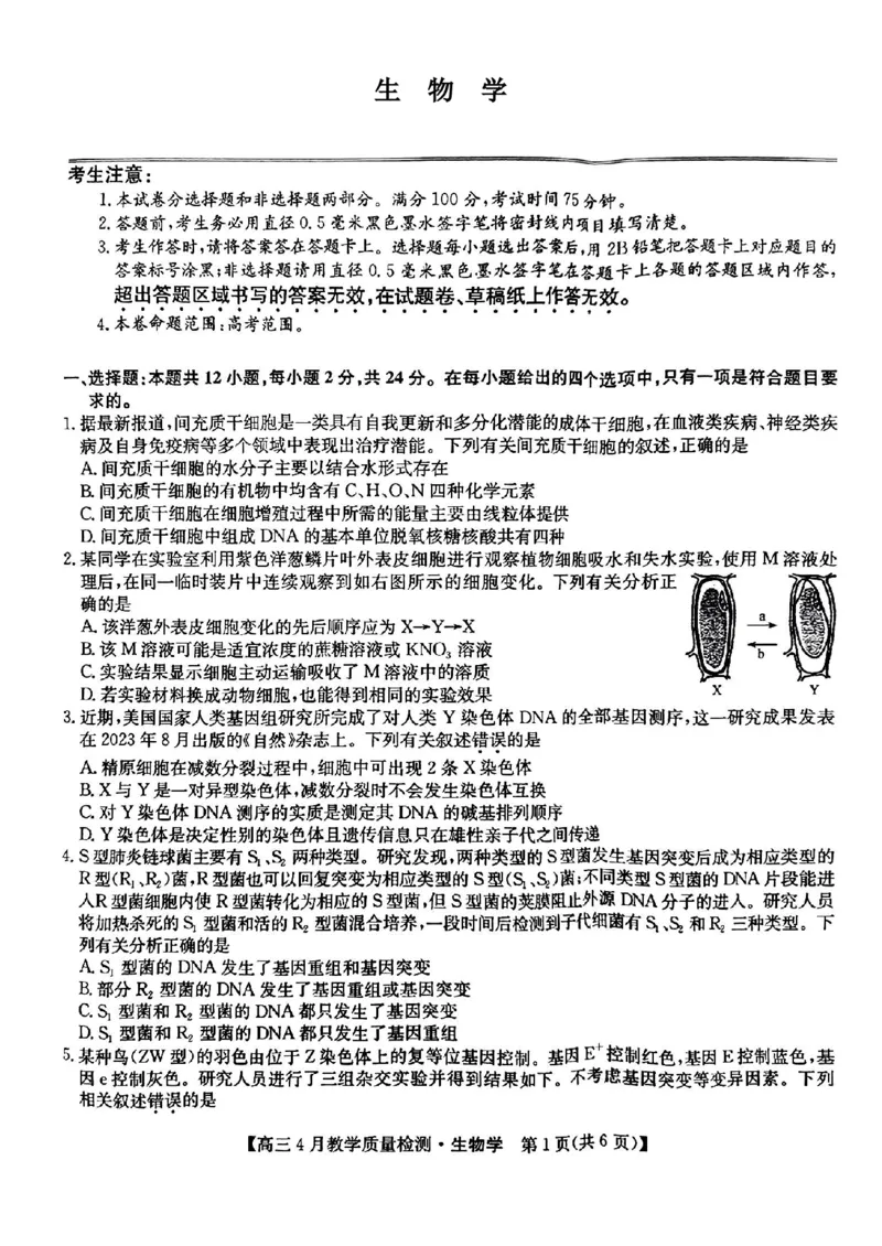 江西省九师大联考2024年高三4月（二模）生物试题_2024年5月_01按日期_1号_2024届江西省九师联盟高三4月教学质量检测（二模）