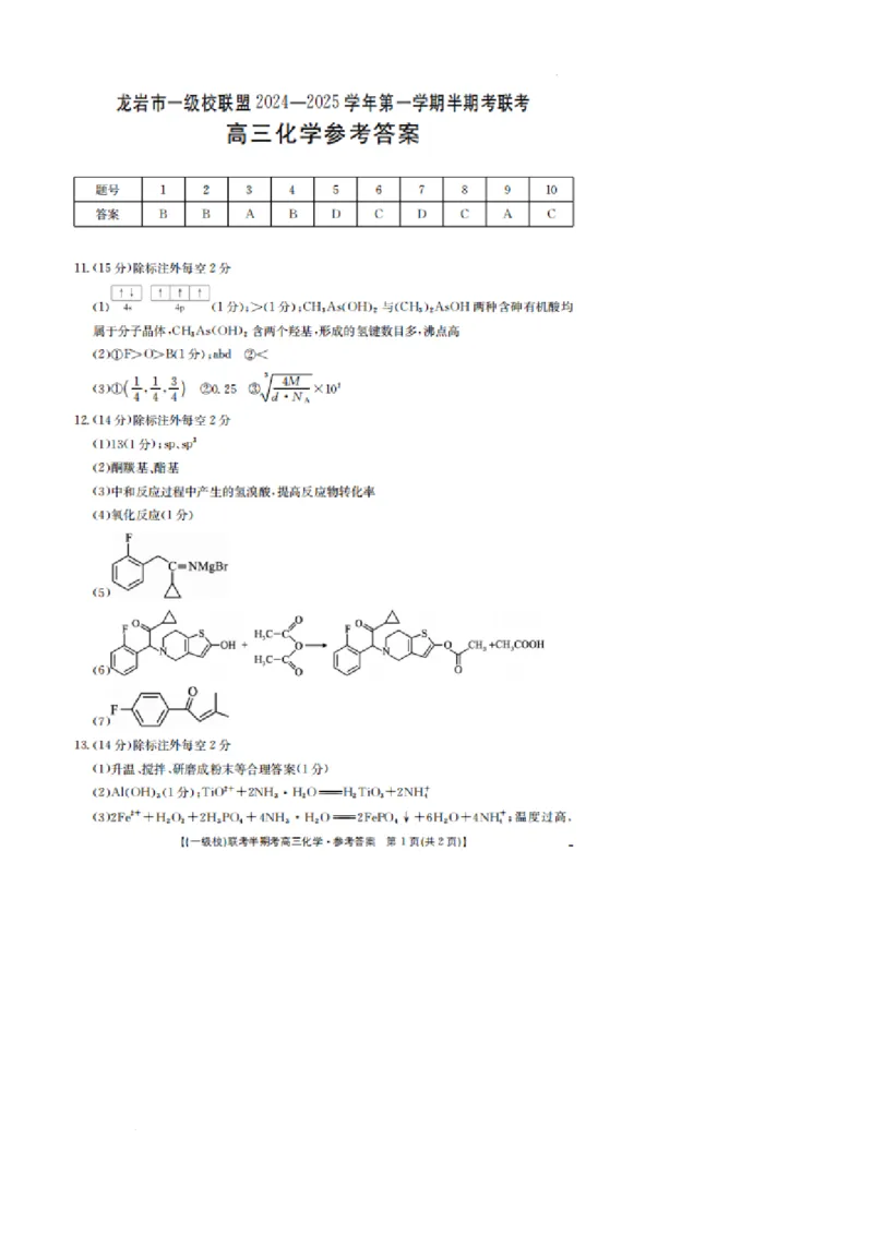 2025届龙岩一级校联盟高三上学期期中考试化学试卷+答案_2024-2025高三（6-6月题库）_2024年11月试卷_1113福建省龙岩市一级校联盟2024-2025学年高三上学期11月期中考试（全科）
