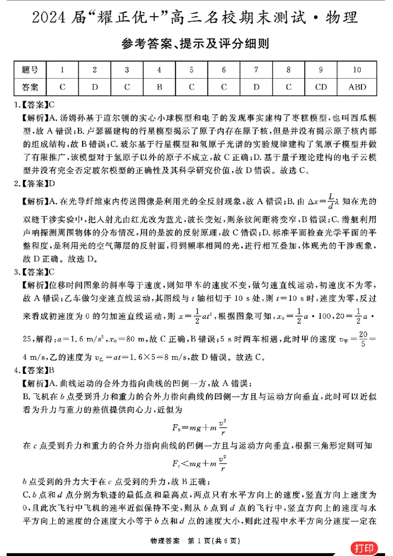 物理参考答案提示及评分细则(1)_2024年2月_022月合集_2024届安徽&ldquo;耀正优+&rdquo;高三名校期末测试