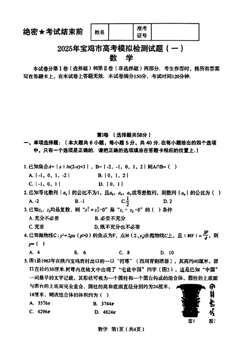 2025届陕西省宝鸡市高三上学期模拟检测（一）数学（含答案）_2024-2025高三（6-6月题库）_2024年12月试卷_12252025届陕西省宝鸡市高三上学期一模