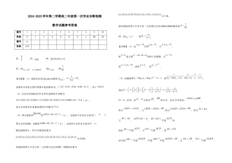 2024-2025学年第二学期高二年级第一次学业诊断检测数学试题参考答案_2024-2025高二（7-7月题库）_2025年02月试卷