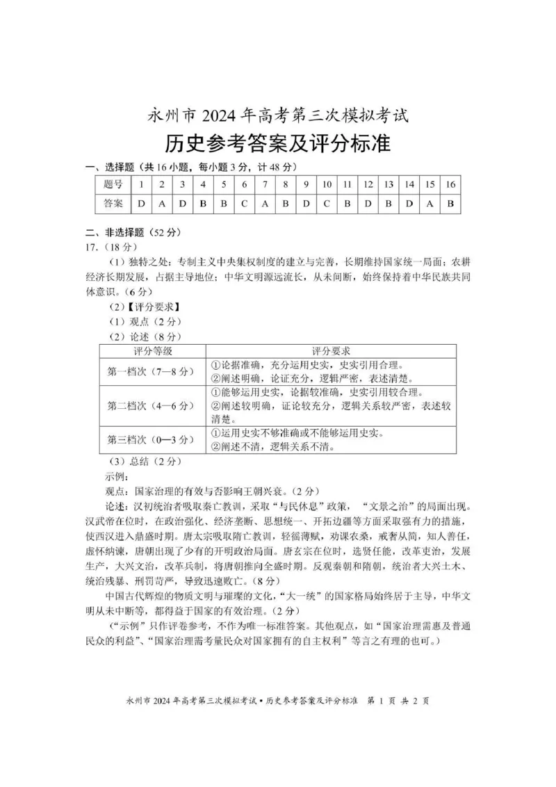 湖南卷湖南省永州市2024年(届)高三年级高考第三次模拟考试(永州三模)(4.22-4.24)历史试卷答案_2024年4月_01按日期_30号_2024届湖南省永州市高三第三次模拟考试