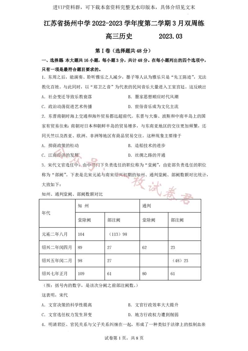 江苏省扬州中学2022-2023学年高三下学期3月双周练历史试题(1)_2024年2月_022月合集_2023届江苏省扬州中学高三下学期3月月考全科