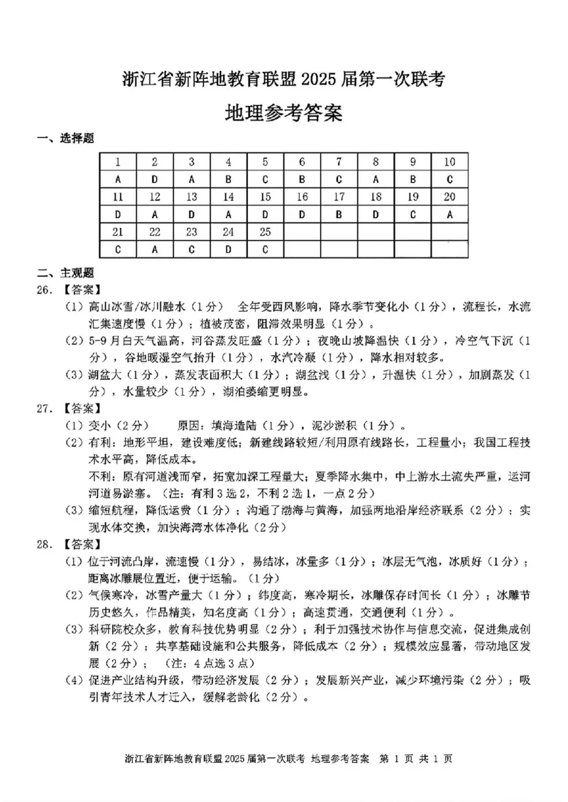 2025届浙江省新阵地联盟高三10月联考地理答案_2024-2025高三（6-6月题库）_2024年10月试卷_1010浙江省新阵地教育联盟2025届第一次联考