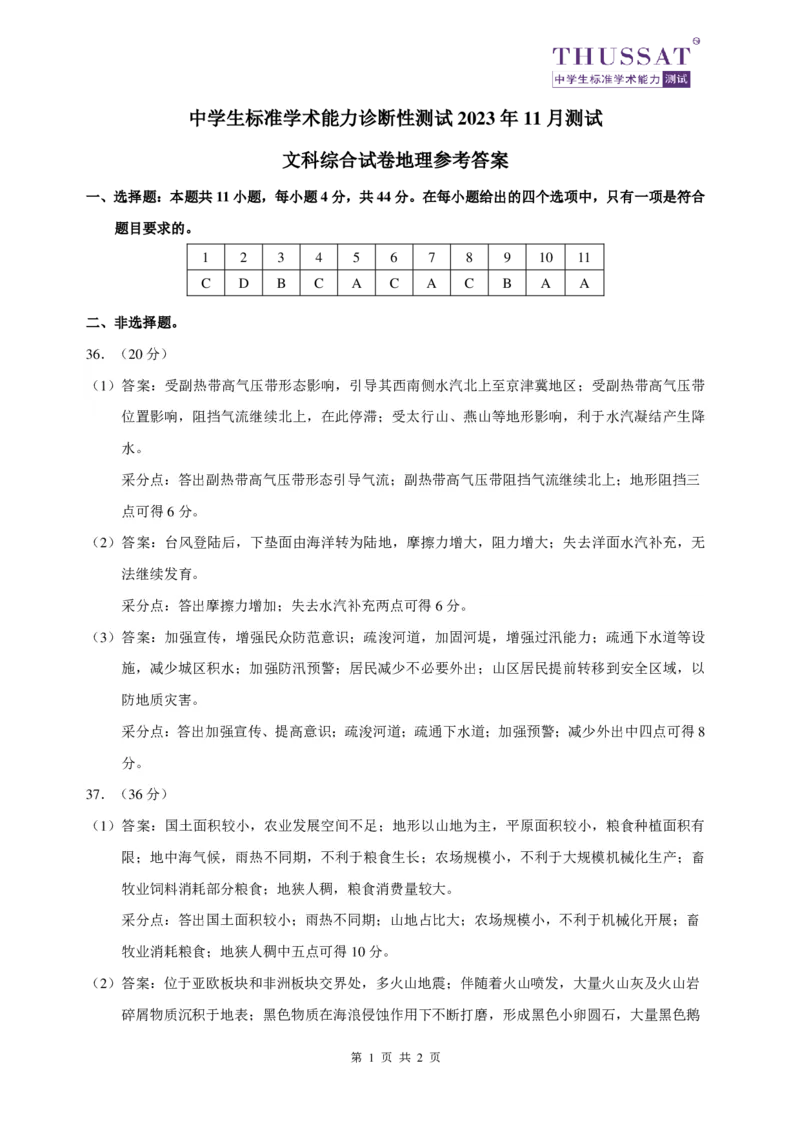 THUSSAT2023年11月诊断性测试文科综合地理答案(1)_2023年11月_0211月合集_2024届THUSSAT中学生标准学术能力诊断性测试高三上学期11月月考
