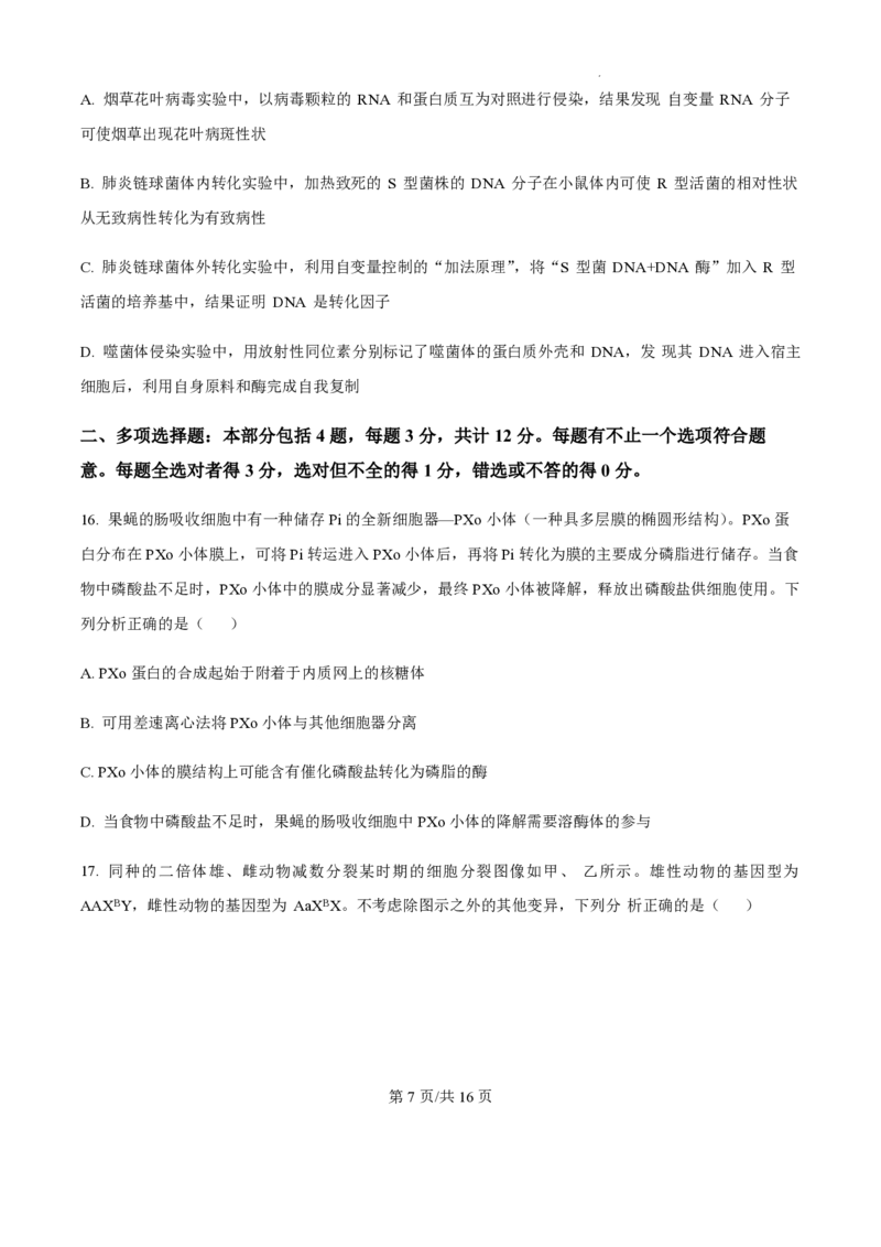 2025届江苏省高邮市高三10月学情调研-生物试题+答案_2024-2025高三（6-6月题库）_2024年10月试卷_1021江苏省高邮市2024-2025学年2025届高三（上）学期10月学情调研测试