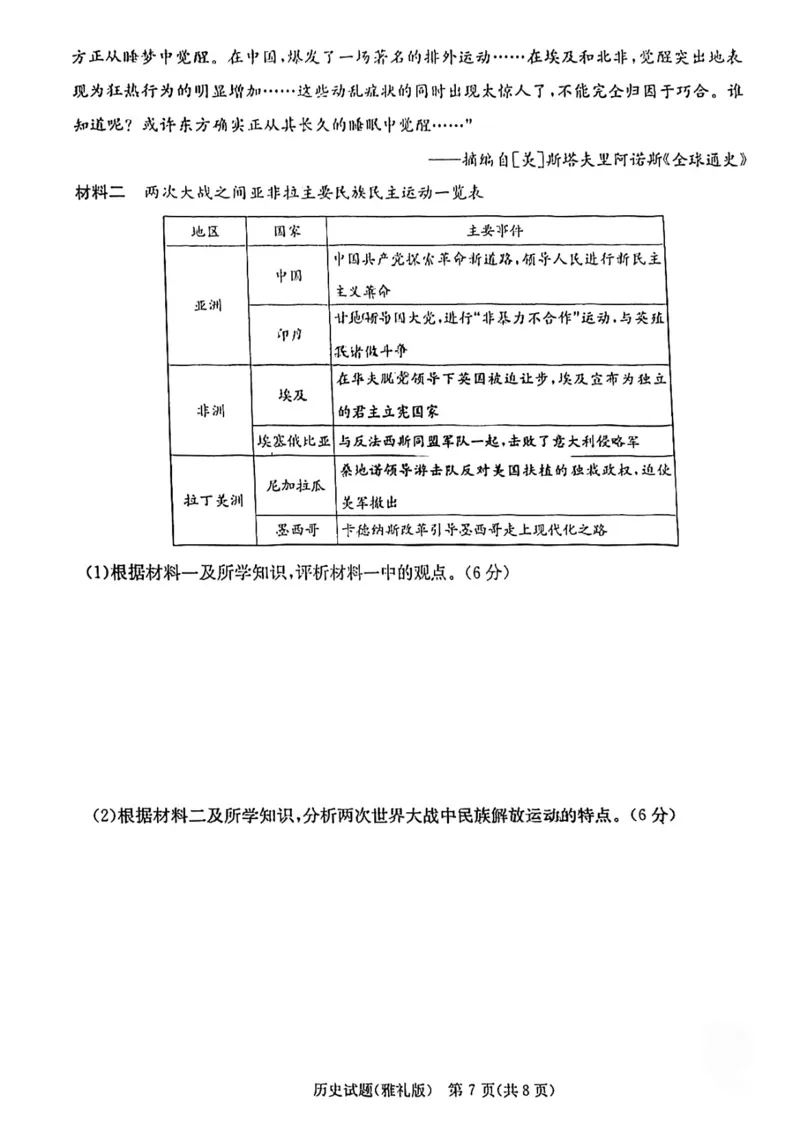 湖南省长沙市雅礼中学2022-2023学年高三下学期月考试卷(七)历史(1)_2024年2月_022月合集_2023届湖南省长沙市雅礼中学高三下学期月考（七）全科