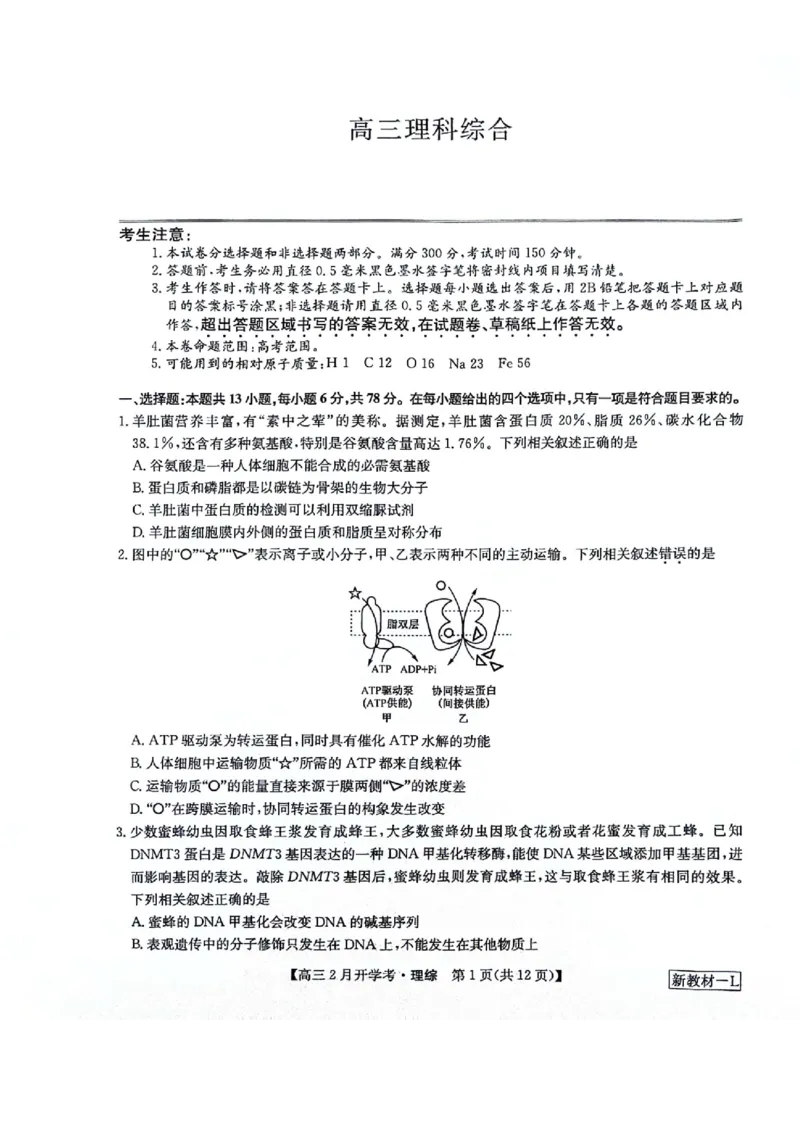 河南省周口市周口市部分学校2023-2024学年下学期高三2月摸底考试-理综_2024年2月_01每日更新_20号_2024届九师联盟高三下学期2月开学考试_九师联盟2024届高三下学期2月开学考试理科综合