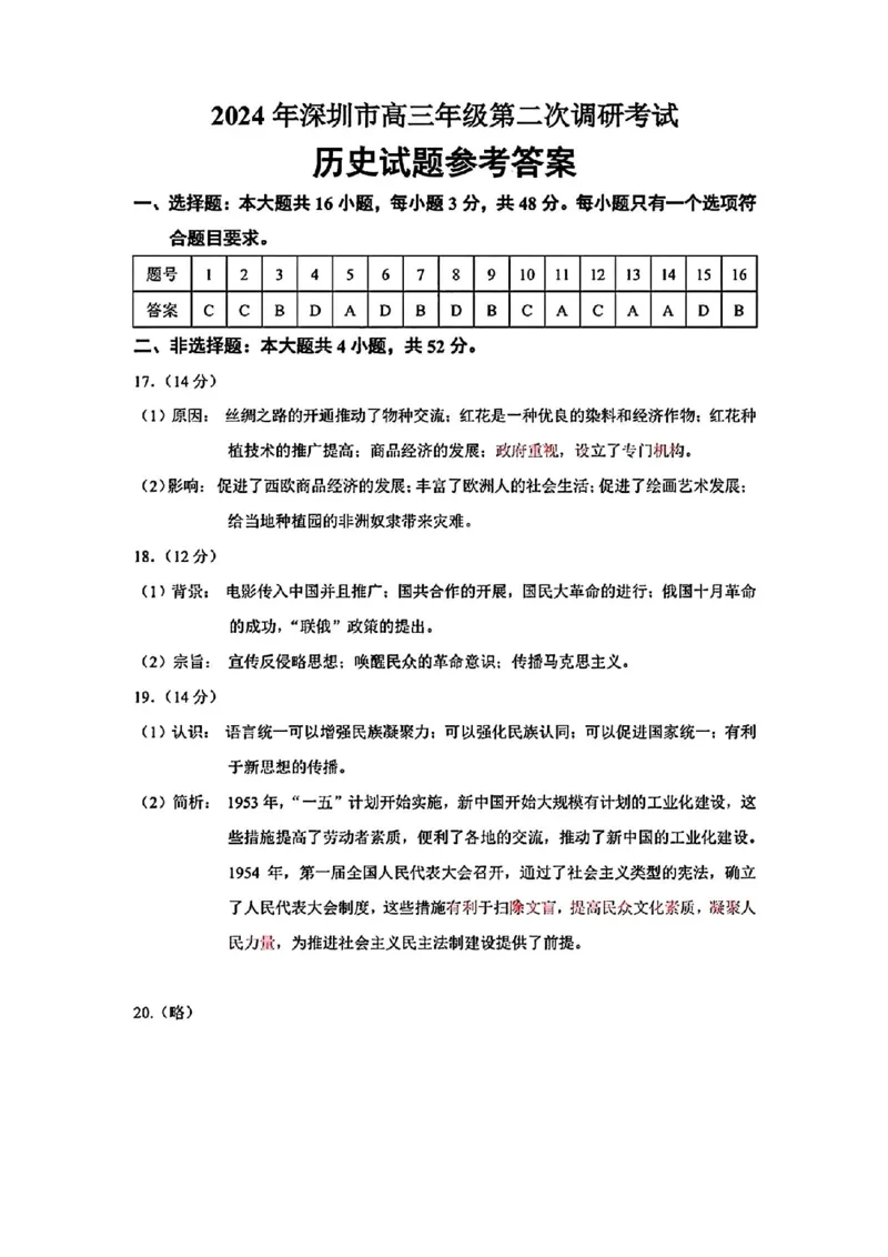 深圳二模历史答案_2024年4月_01按日期_29号_2024届广东省深圳市高三年级第二次调研考试_2024届广东省深圳市高三年级第二次调研考试历史