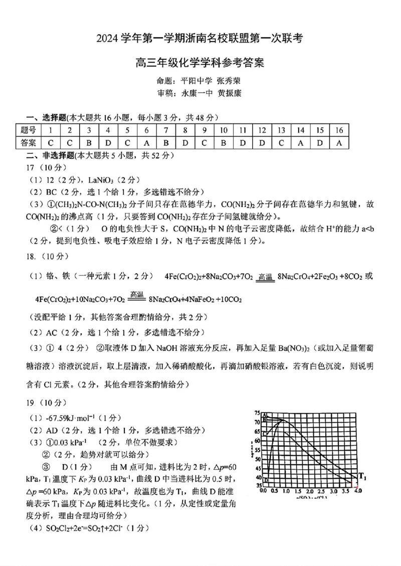 2025届浙南名校联盟高三10月联考化学答案_2024-2025高三（6-6月题库）_2024年10月试卷_10102025届浙南名校联盟高三10月联考