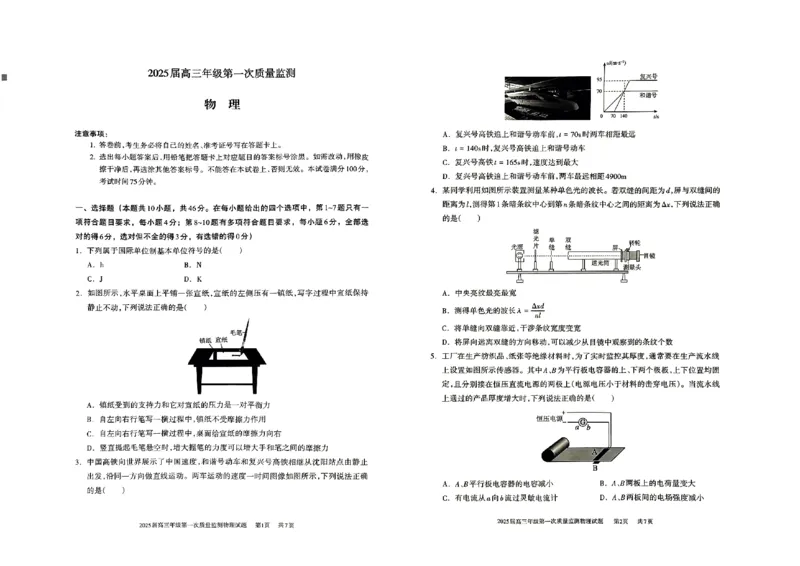 2025届内蒙古呼和浩特市高三上学期第一次质量监测物理+答案_2024-2025高三（6-6月题库）_2024年09月试卷_09012025届内蒙古呼和浩特市高三上学期第一次质量监测