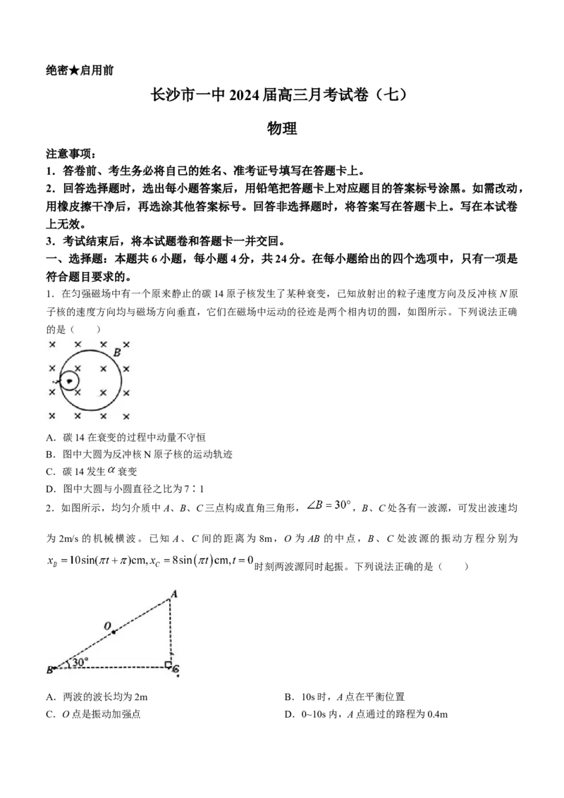 湖南省长沙市第一中学2023-2024学年高三下学期月考物理试卷(七)(无答案)_2024年4月_01按日期_6号_2024届湖南省长沙一中高三下学期月考（七）