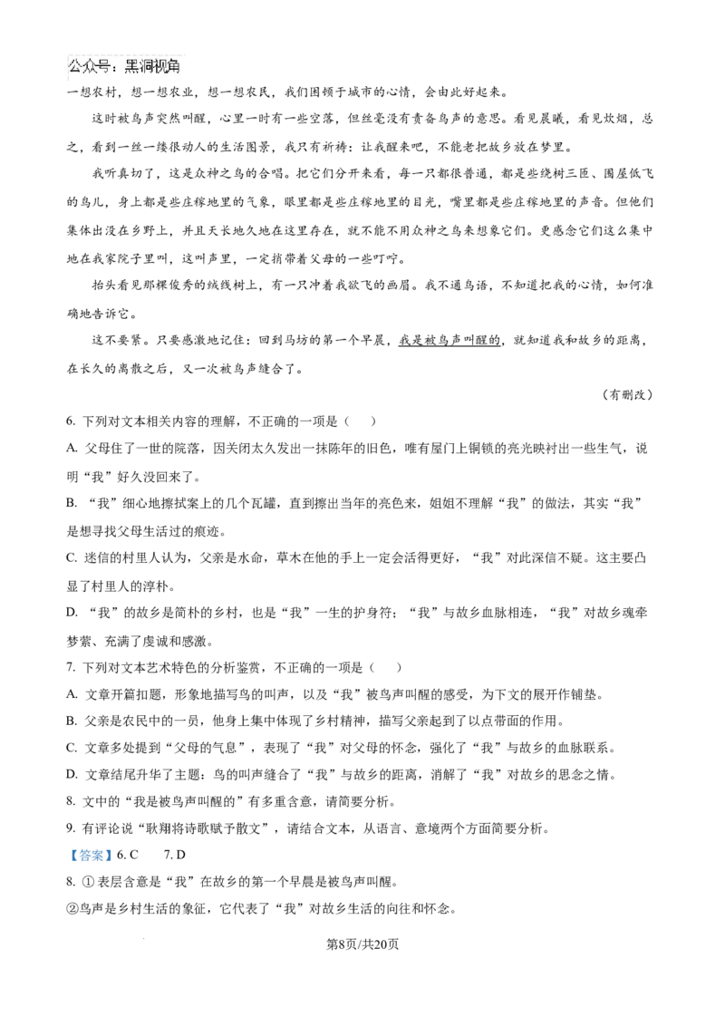 2025届广西南宁市普通高中毕业班摸底测试语文试题（解析）_2024-2025高三（6-6月题库）_2024年09月试卷_0922广西南宁市2024-2025学年高三上学期普通高中毕业班摸底测试