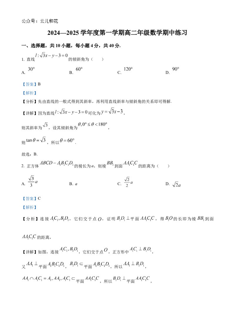 北京市北京理工大学附属中学2024-2025学年高二上学期11月期中练习数学试题Word版含解析_2024-2025高二（7-7月题库）_2024年11月试卷